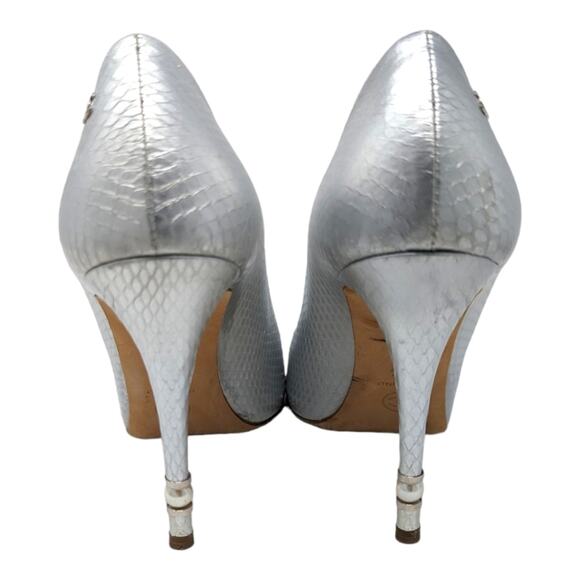 2016 Chanel silver heels pumps snakeskin open toe peep toe pearl 38.5 - Picture 4 of 11